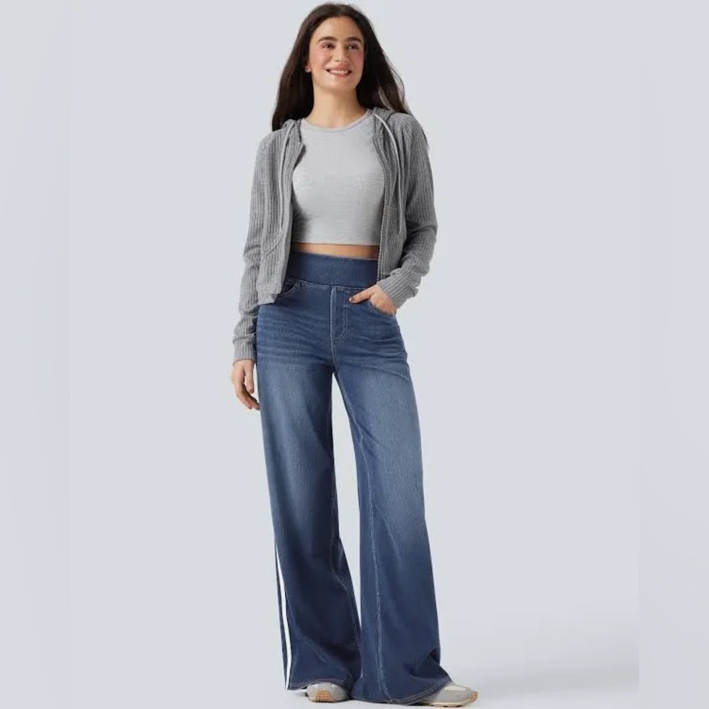 Halara Flex High Waisted Tummy Control Stripe Wide Leg Flowy Dark Wash Jeans - Picture 3 of 13